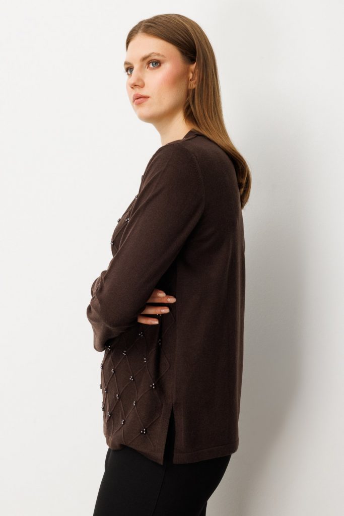 ON TRİKO İnci Detaylı Polo Yaka Triko Kazak 63381 - kahve