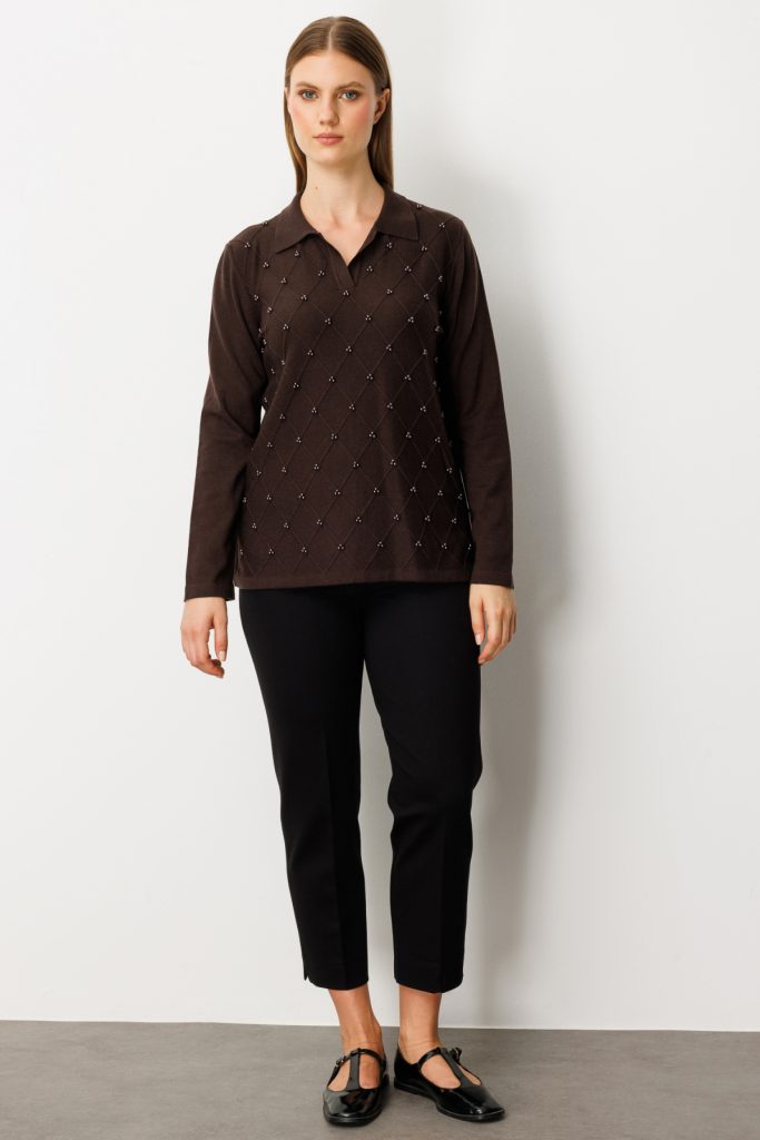 ON TRİKO İnci Detaylı Polo Yaka Triko Kazak 63381 - kahve