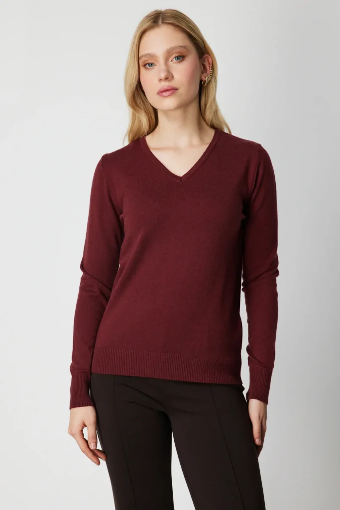 ON TRİKO V Yaka Triko Kazak 63501-26k - bordo