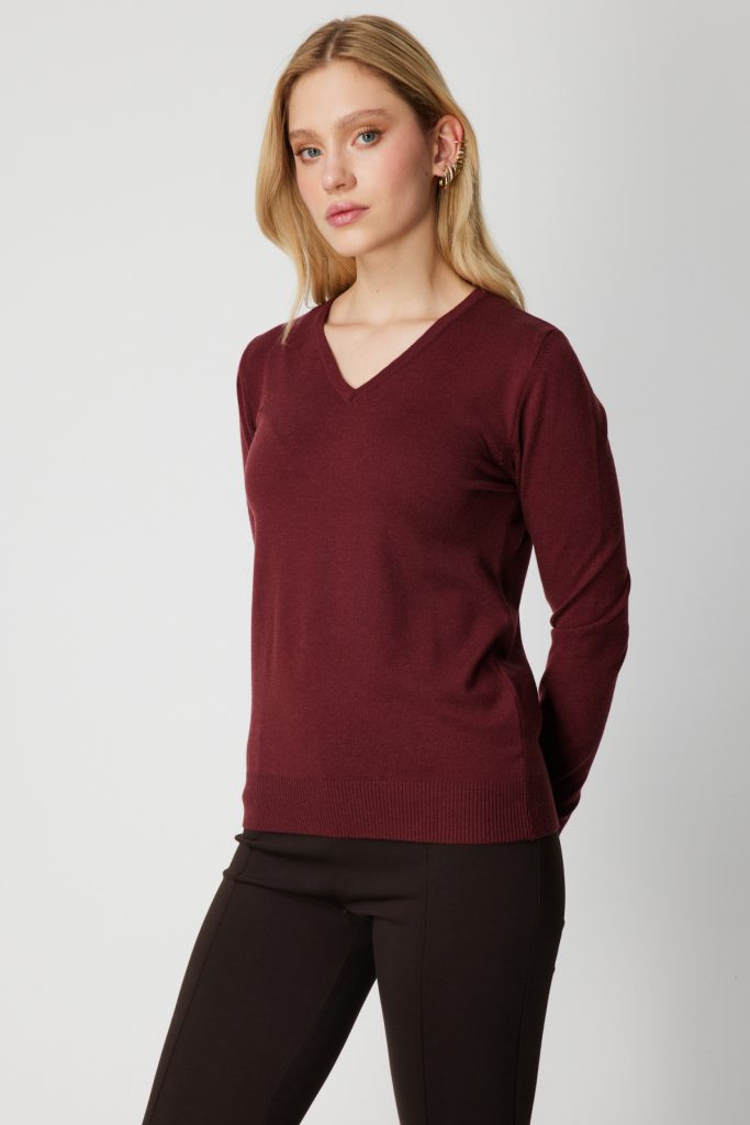 ON TRİKO V Yaka Triko Kazak 63501-26k - bordo