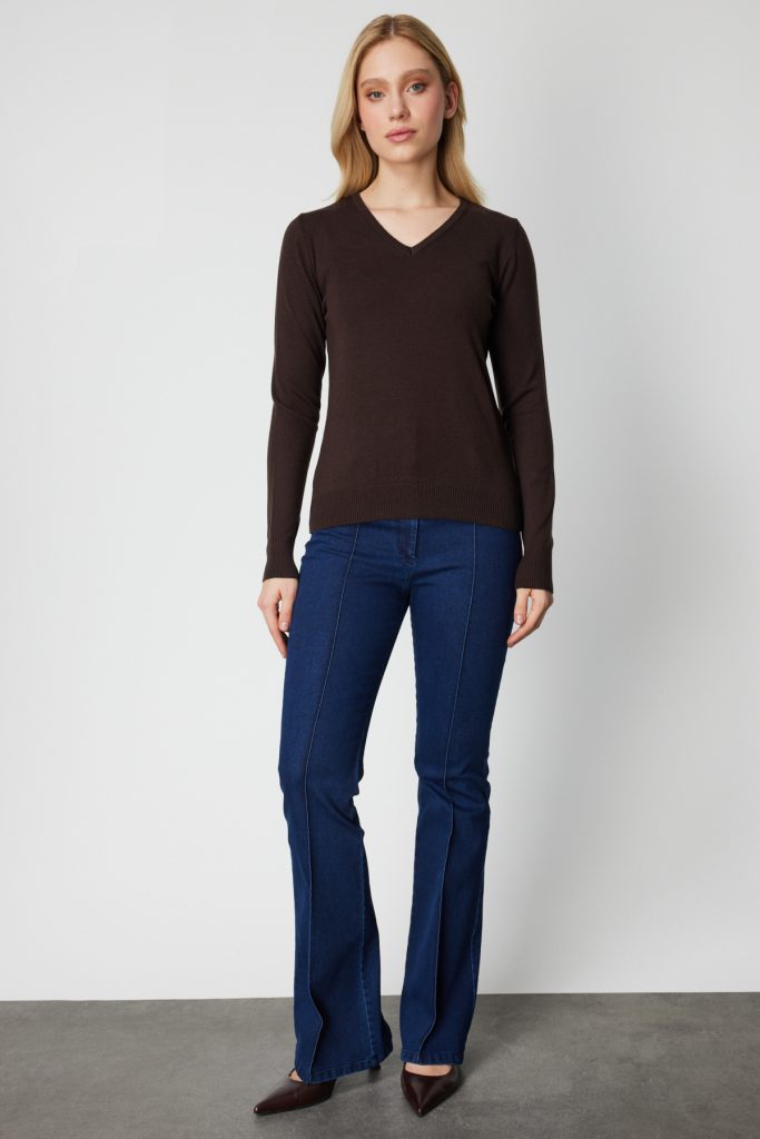 ON TRİKO V Yaka Triko Kazak 63501-26k - kahve