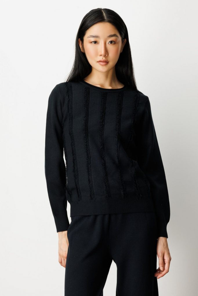 ON TRİKO Sıfır Yaka Püskül Detaylı Triko Kazak 65306 - Siyah