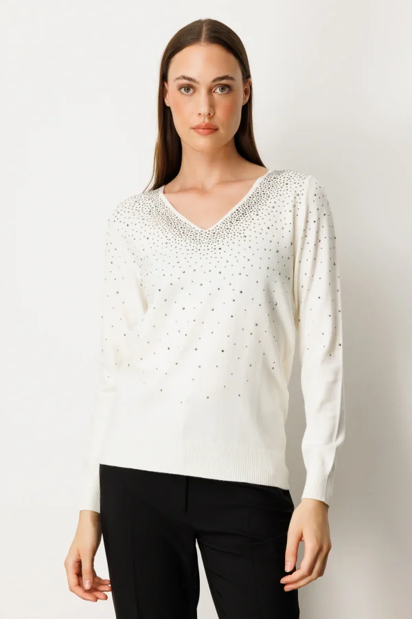 ON TRİKO V Yaka Önü Taşlı Triko Kazak 65315