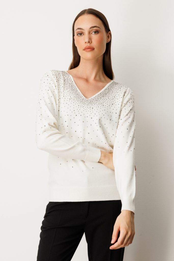 ON TRİKO V Yaka Önü Taşlı Triko Kazak 65315 - EKRU