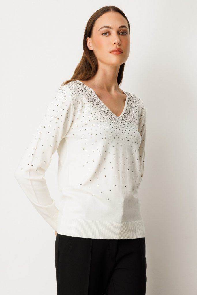 ON TRİKO V Yaka Önü Taşlı Triko Kazak 65315 - EKRU