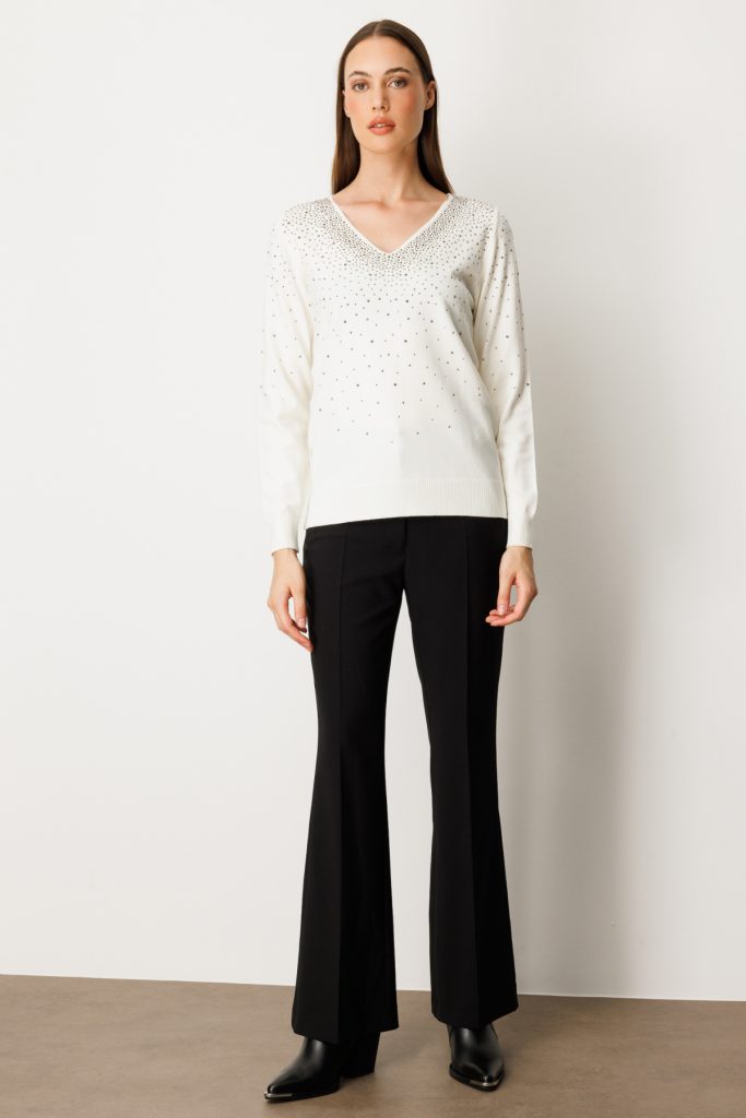 ON TRİKO V Yaka Önü Taşlı Triko Kazak 65315 - EKRU