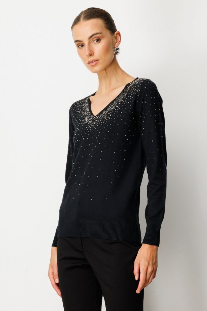 ON TRİKO V Yaka Önü Taşlı Triko Kazak 65315 - Siyah