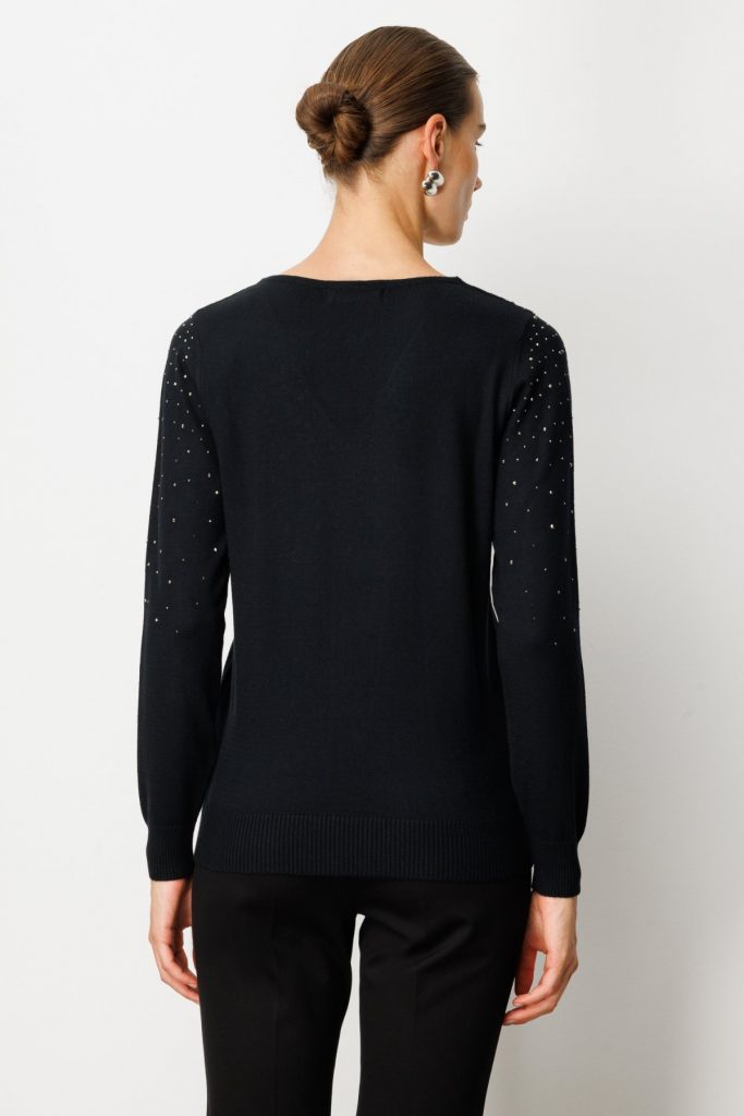 ON TRİKO V Yaka Önü Taşlı Triko Kazak 65315 - Siyah