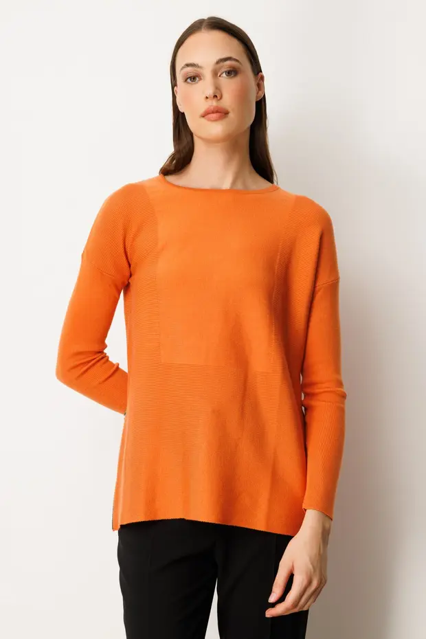 ON TRİKO Yanları Fermuarlı Sıfır Yaka Triko Kazak 65318 - oranj