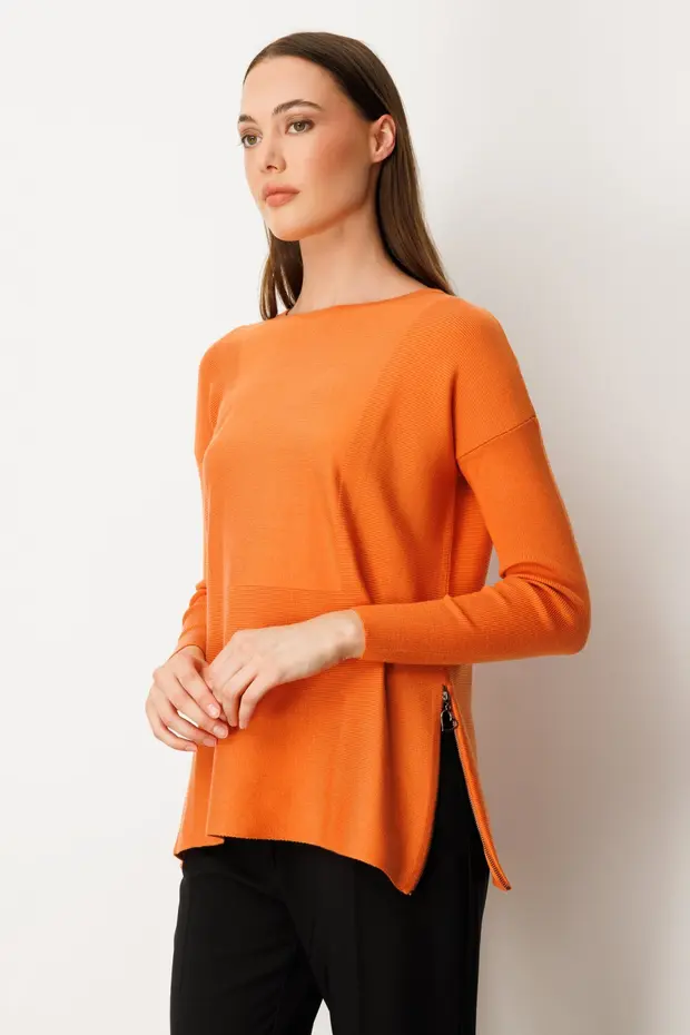 ON TRİKO Yanları Fermuarlı Sıfır Yaka Triko Kazak 65318 - oranj