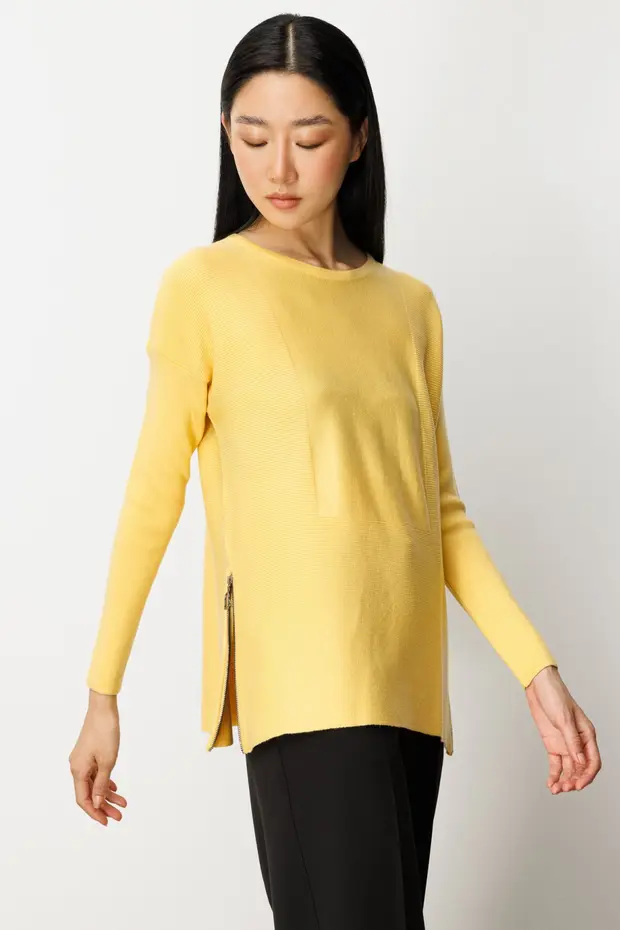 ON TRİKO Yanları Fermuarlı Sıfır Yaka Triko Kazak 65318 - SARI