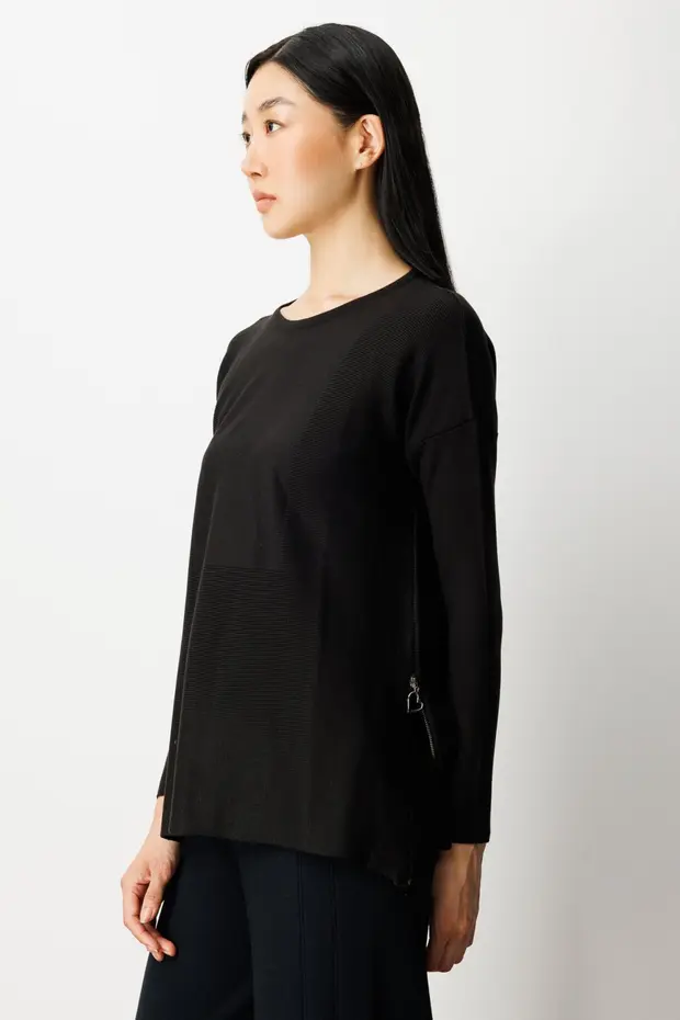 ON TRİKO Yanları Fermuarlı Sıfır Yaka Triko Kazak 65318 - Siyah