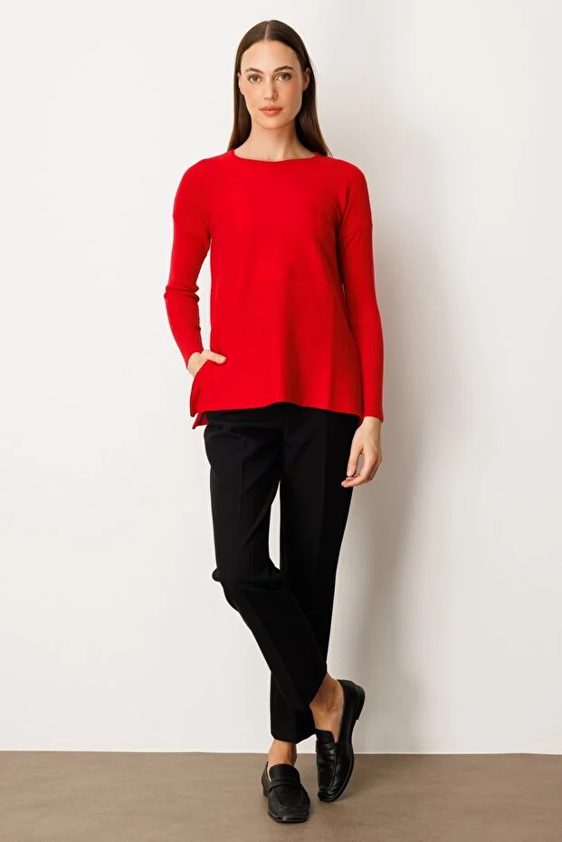 ON TRİKO Yanları Fermuarlı Sıfır Yaka Triko Kazak 65318 - KIRMIZI