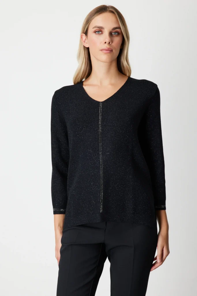 ON TRİKO Simli Kumaş Taş İşlemli Triko Kazak 65326 - Siyah