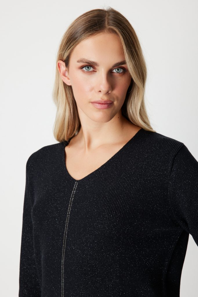 ON TRİKO Simli Kumaş Taş İşlemli Triko Kazak 65326 - Siyah