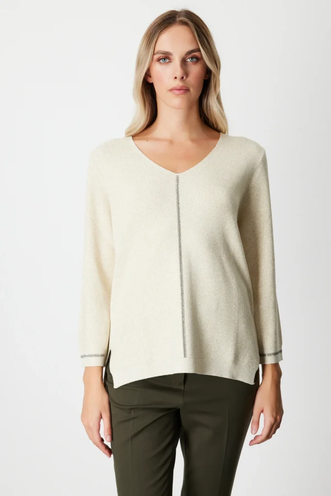 ON TRİKO Simli Kumaş Taş İşlemli Triko Kazak 65326 - EKRU