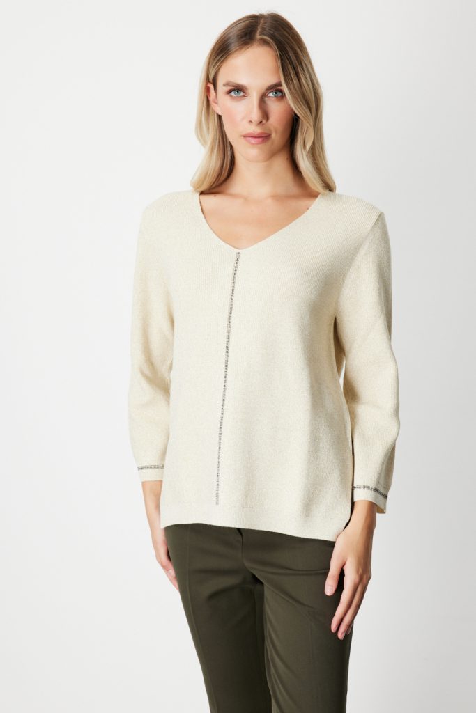 ON TRİKO Simli Kumaş Taş İşlemli Triko Kazak 65326 - EKRU