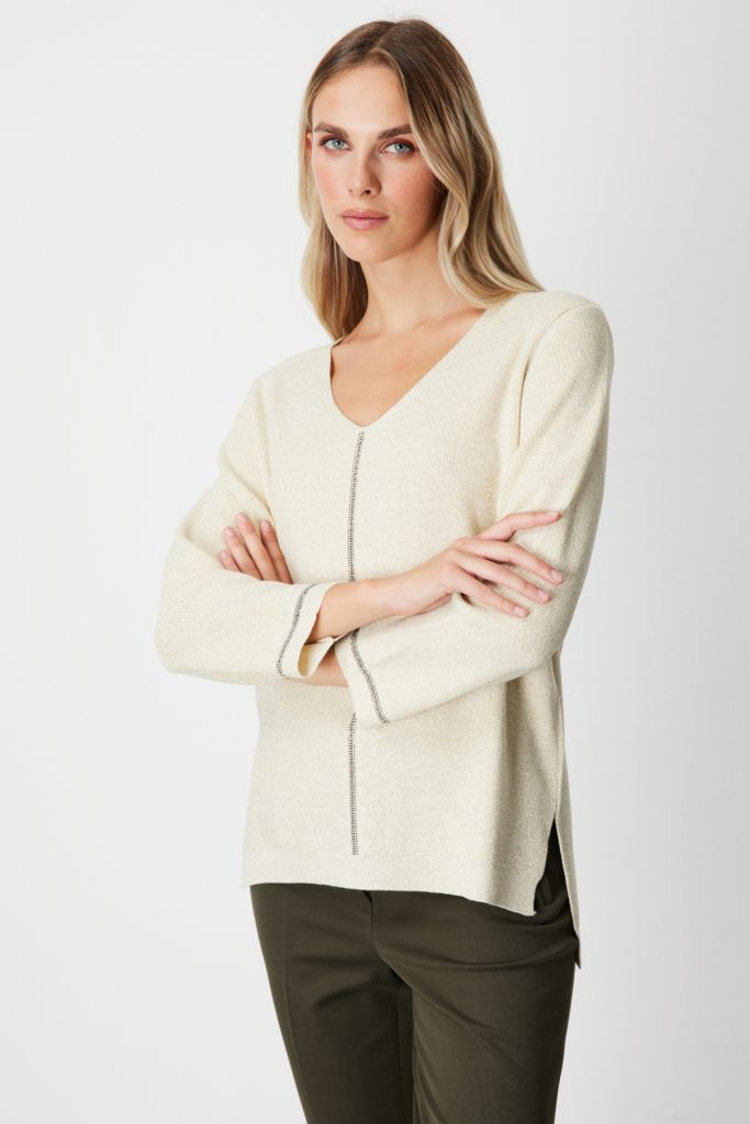 ON TRİKO Simli Kumaş Taş İşlemli Triko Kazak 65326 - EKRU