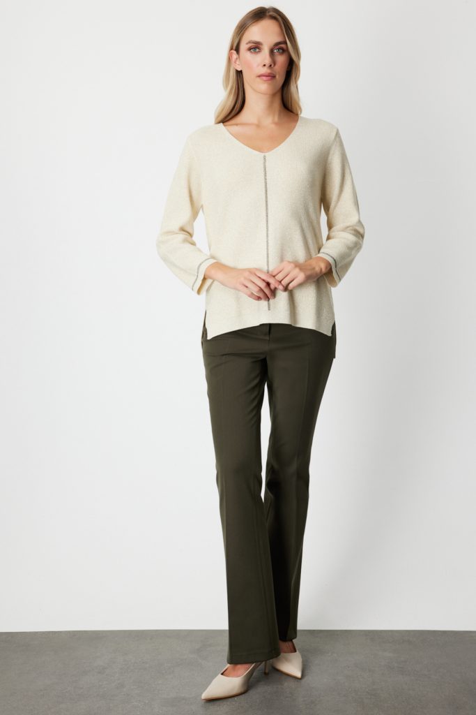 ON TRİKO Simli Kumaş Taş İşlemli Triko Kazak 65326 - EKRU