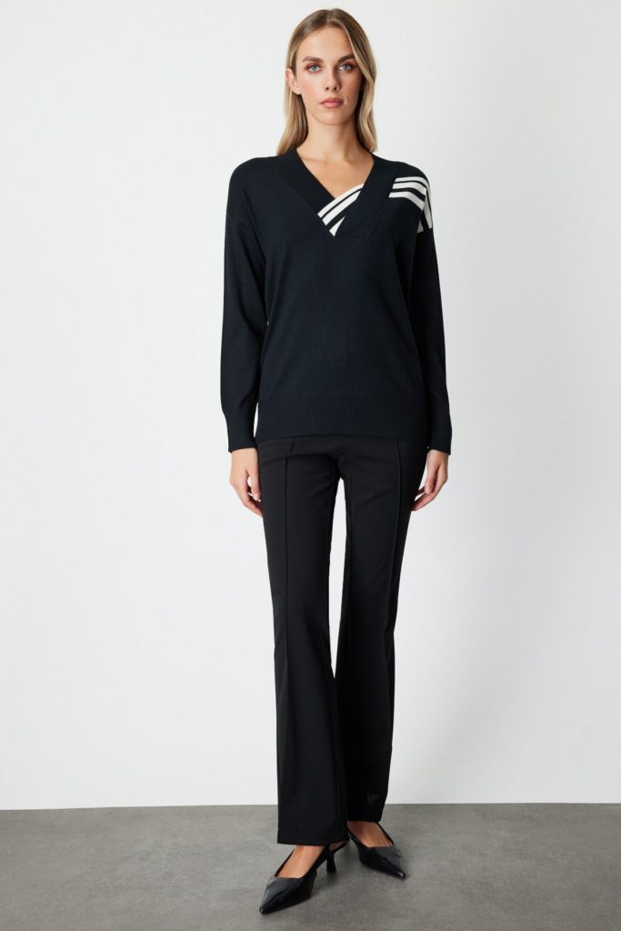 ON TRİKO  Şerit Detaylı Kazak 65327 - Siyah