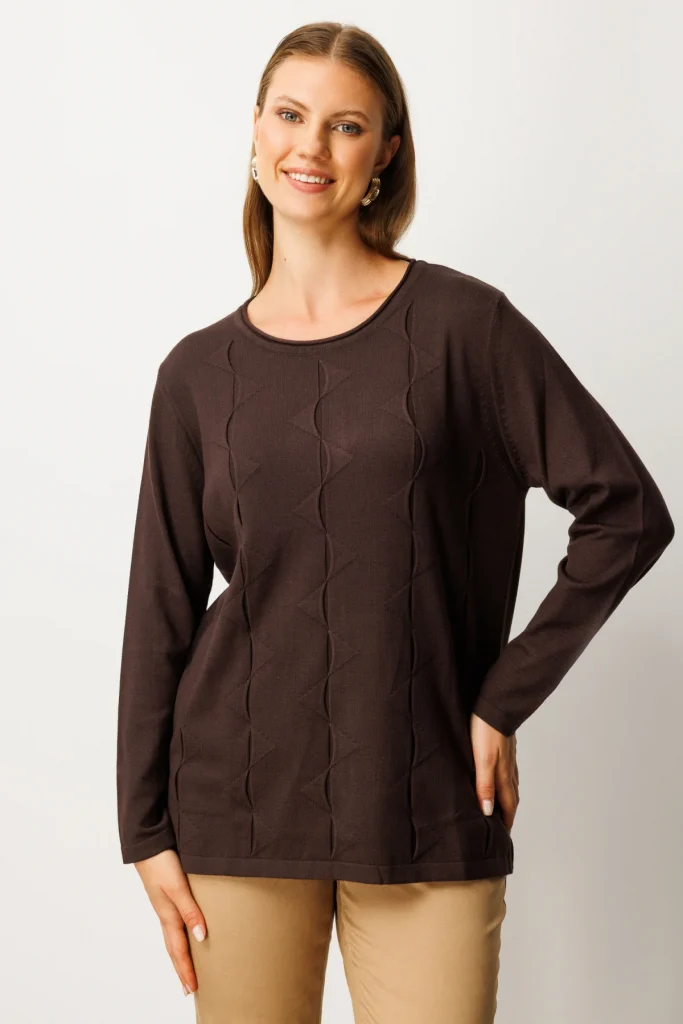 ON TRİKO Kendinden Desenli Triko Kazak 65329 - kahve