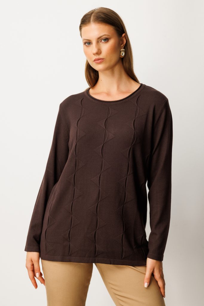 ON TRİKO Kendinden Desenli Triko Kazak 65329 - kahve