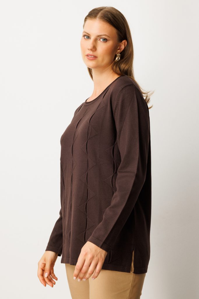 ON TRİKO Kendinden Desenli Triko Kazak 65329 - kahve