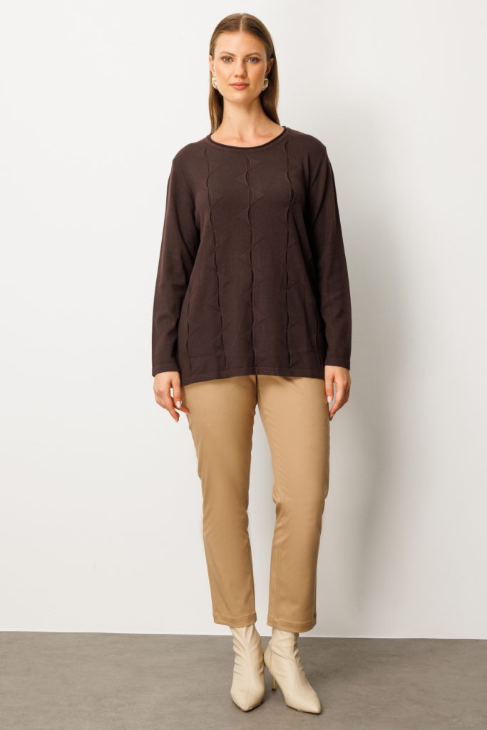 ON TRİKO Kendinden Desenli Triko Kazak 65329 - kahve