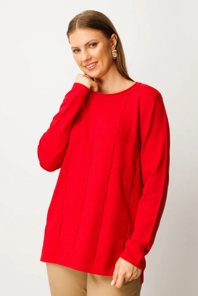 ON TRİKO Kendinden Desenli Triko Kazak 65329 - KIRMIZI