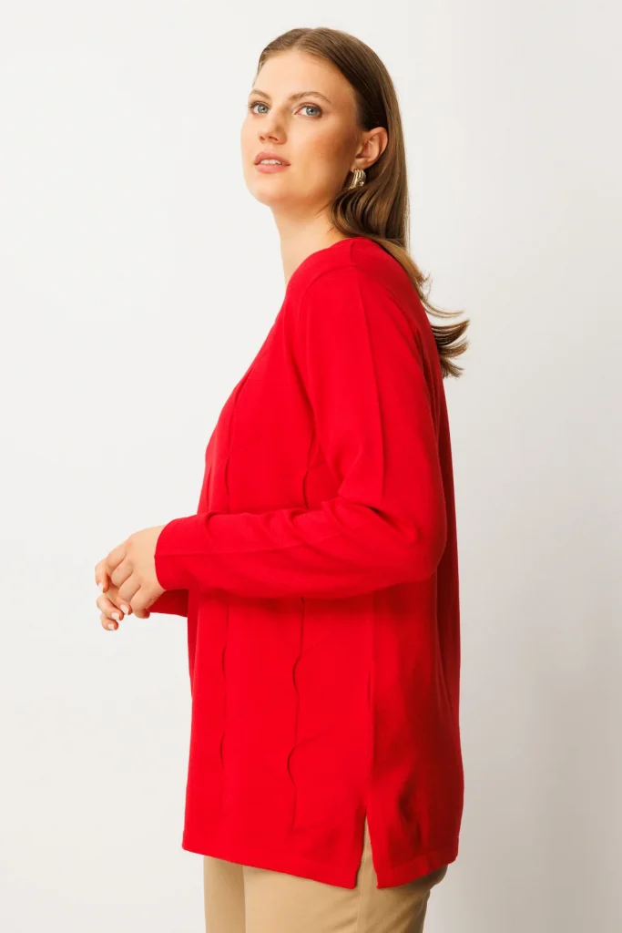 ON TRİKO Kendinden Desenli Triko Kazak 65329 - KIRMIZI