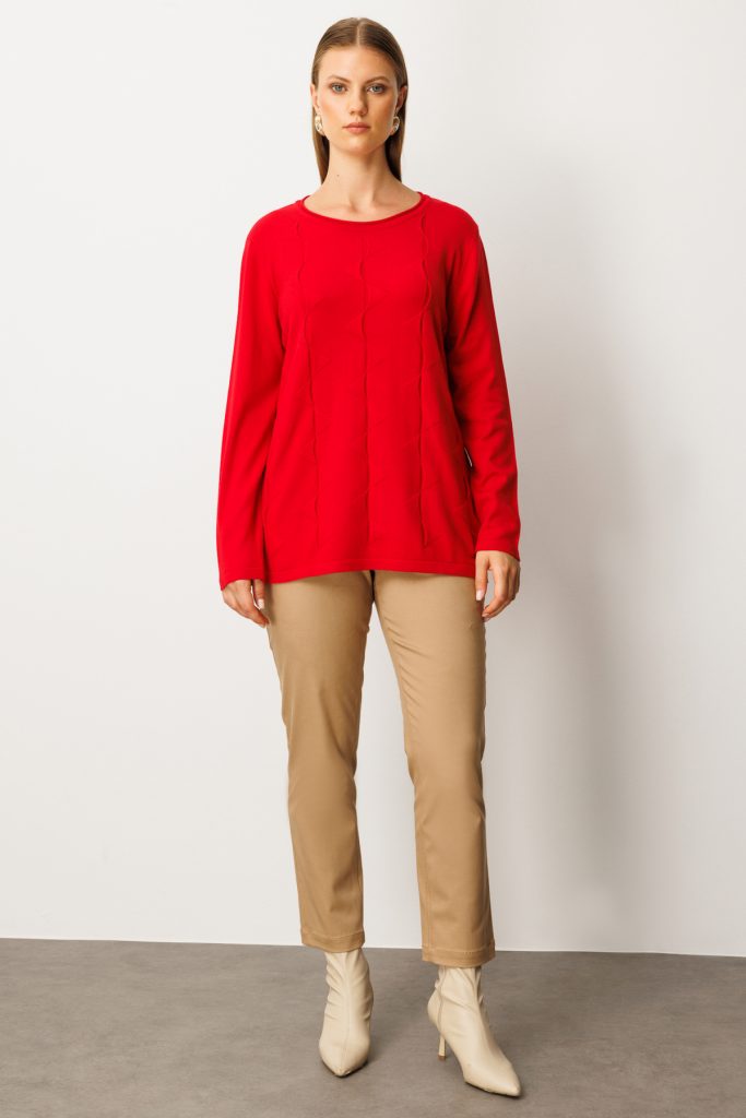 ON TRİKO Kendinden Desenli Triko Kazak 65329 - KIRMIZI