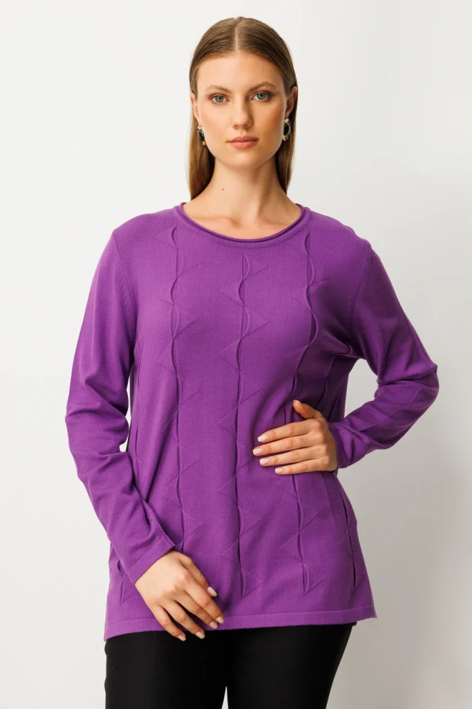 ON TRİKO Kendinden Desenli Triko Kazak 65329 - Mor