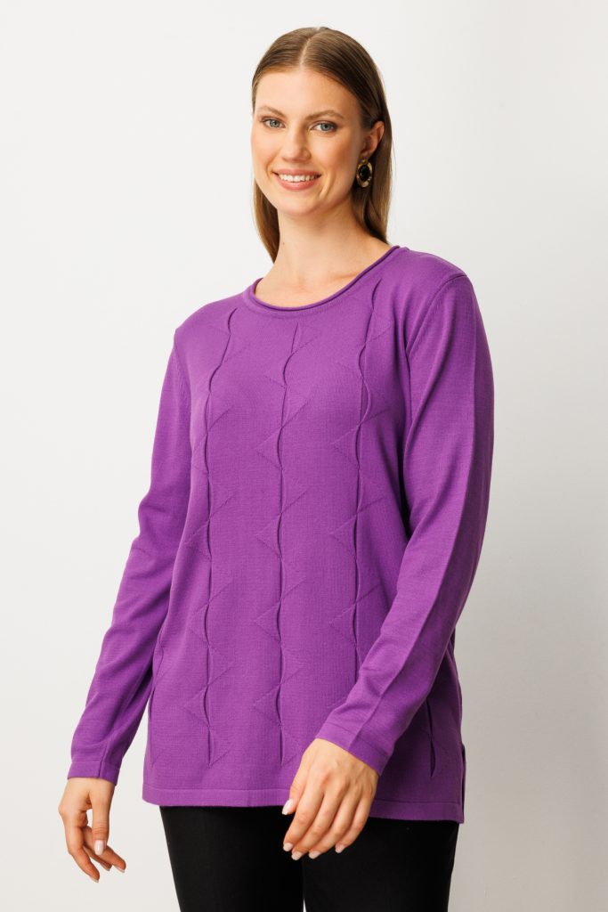 ON TRİKO Kendinden Desenli Triko Kazak 65329 - Mor