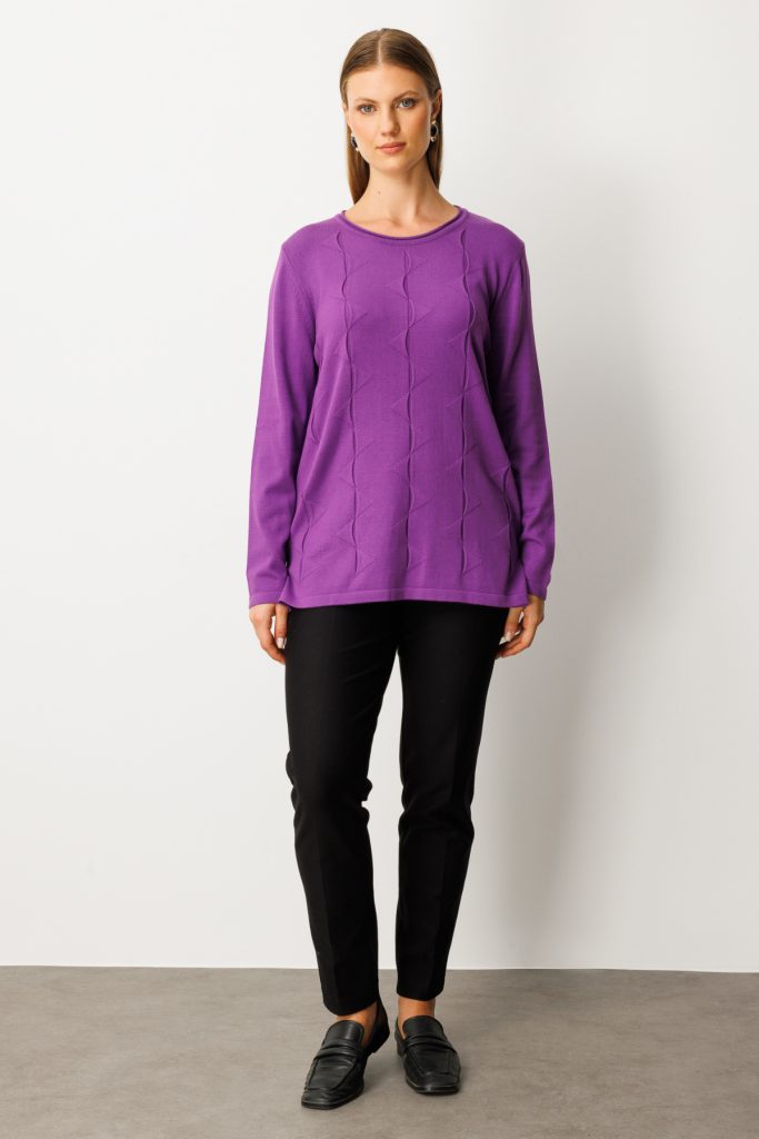 ON TRİKO Kendinden Desenli Triko Kazak 65329 - Mor