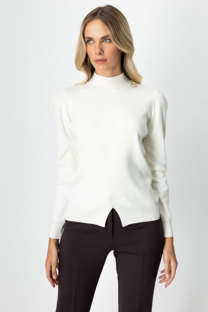 ON TRİKO Dik Yaka Düğme Detaylı Kazak 65331 - EKRU