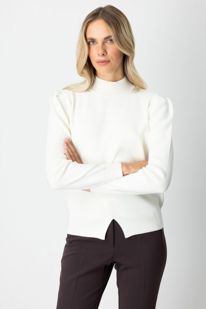 ON TRİKO Dik Yaka Düğme Detaylı Kazak 65331 - EKRU