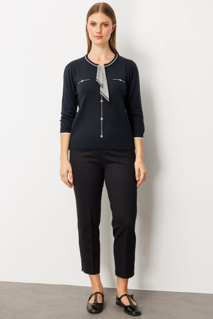 ON TRİKO Yakası Fularlı Triko Kazak 65352 - Siyah