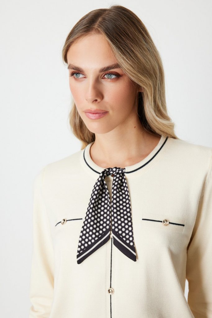 ON TRİKO Yakası Fularlı Triko Kazak 65352 - KREM