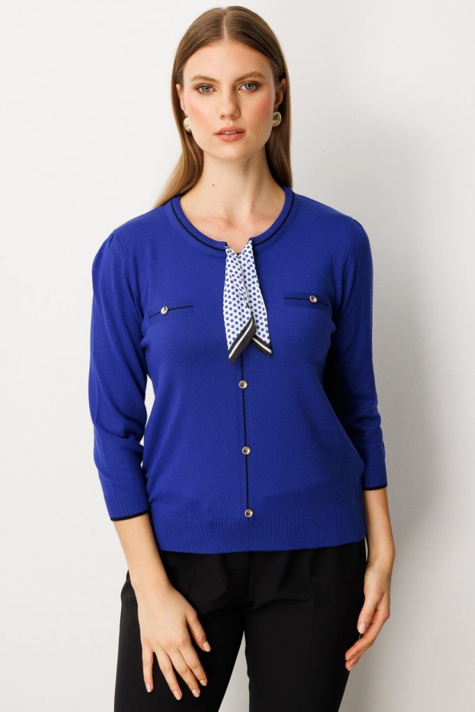 ON TRİKO Yakası Fularlı Triko Kazak 65352 - SAKS