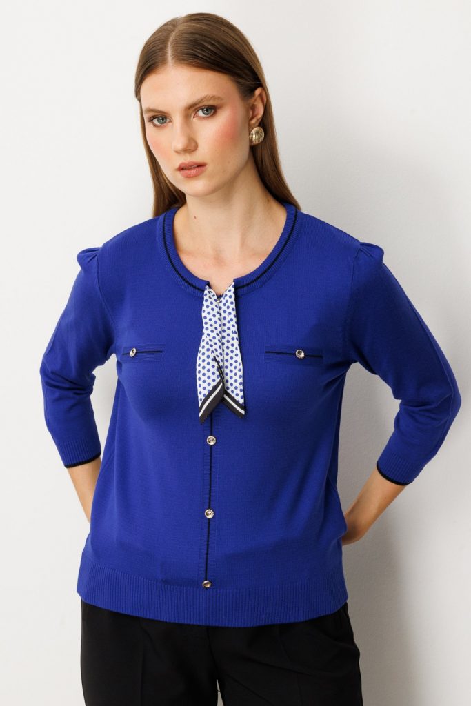 ON TRİKO Yakası Fularlı Triko Kazak 65352 - SAKS