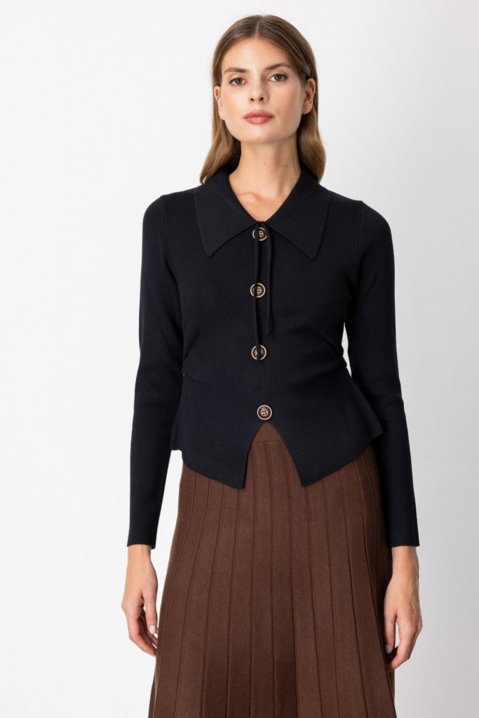 ON TRİKO  Süs Düğmeli Büzgü Detaylı Triko Kazak 65353 - Siyah