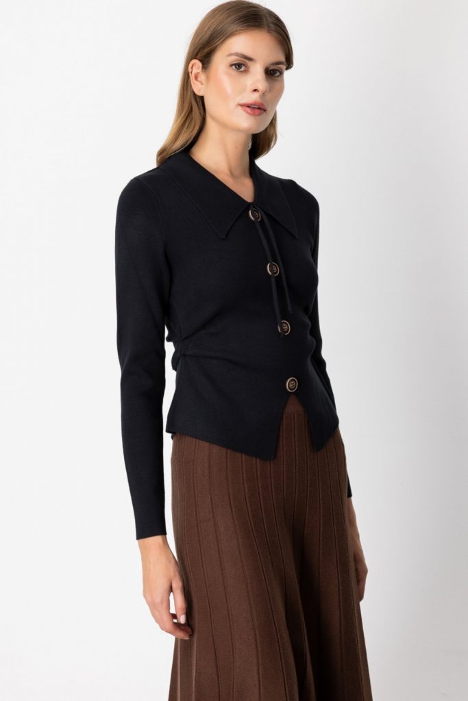 ON TRİKO  Süs Düğmeli Büzgü Detaylı Triko Kazak 65353 - Siyah