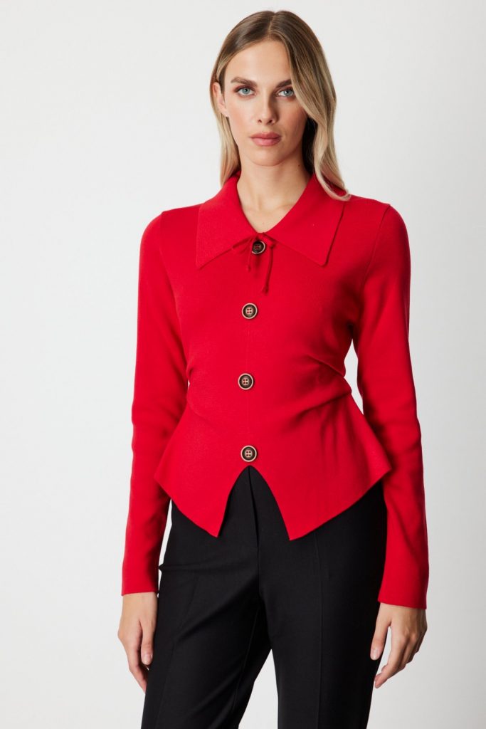 ON TRİKO  Süs Düğmeli Büzgü Detaylı Triko Kazak 65353 - KIRMIZI