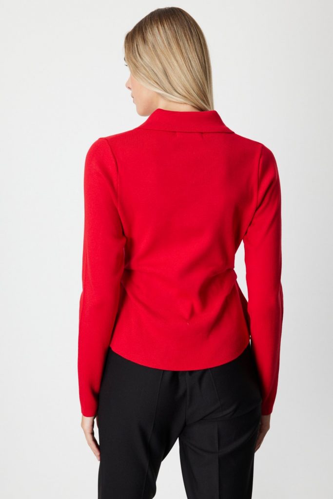 ON TRİKO  Süs Düğmeli Büzgü Detaylı Triko Kazak 65353 - KIRMIZI