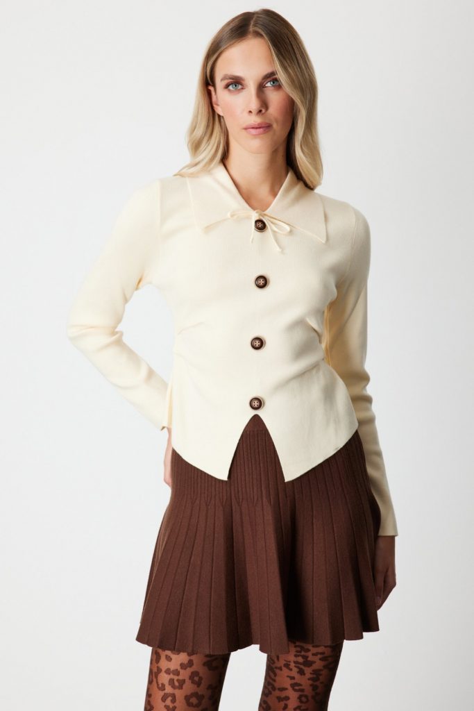 ON TRİKO  Süs Düğmeli Büzgü Detaylı Triko Kazak 65353 - KREM