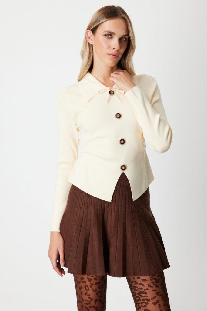 ON TRİKO  Süs Düğmeli Büzgü Detaylı Triko Kazak 65353 - KREM