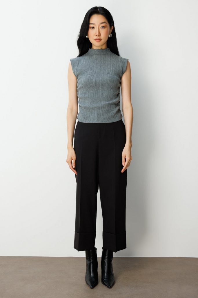 ON TRİKO Yanları Büzgülü Kolsuz Triko Kazak 65355 - GRİ