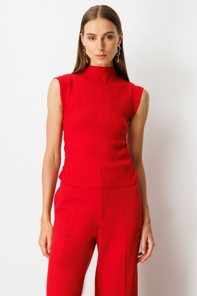 ON TRİKO Yanları Büzgülü Kolsuz Triko Kazak 65355 - KIRMIZI