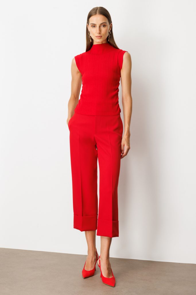 ON TRİKO Yanları Büzgülü Kolsuz Triko Kazak 65355 - KIRMIZI