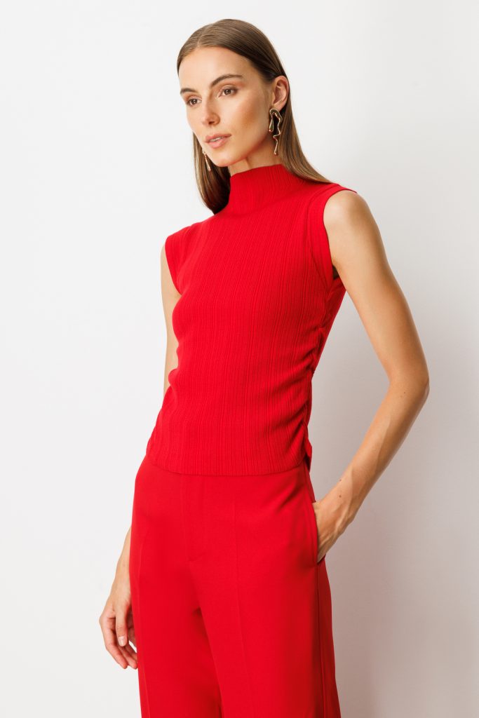 ON TRİKO Yanları Büzgülü Kolsuz Triko Kazak 65355 - KIRMIZI